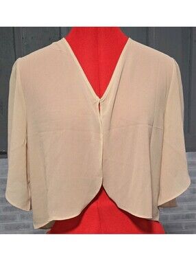 Women's Beige Sheer Chiffon Bolero Shrug V-Neck Hook & Eye Closure 3/4 Sleeve M
